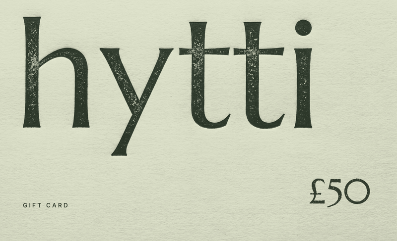 Hytti gift card, £50: the hytti letterpress wordmark on pale green stock
